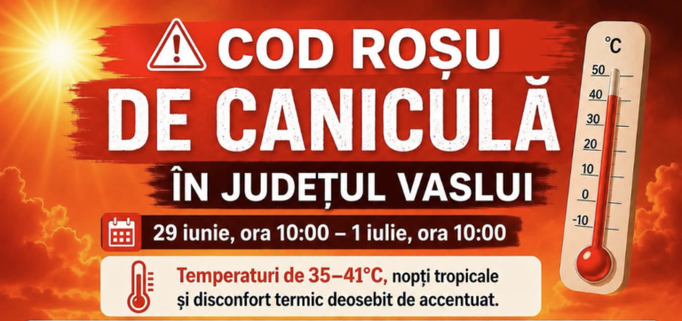 Cod Roșu de caniculă în județul Vaslui. Temperaturi de până la 41 de grade, nopți tropicale și măsuri speciale pentru protejarea populației